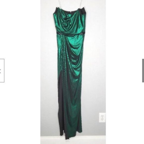 NWT Marchesa Notte Emerald Strapless Metallic Lame Gown Dress 4 - Picture 2 of 11